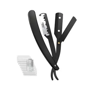 Professional Men's Straight Razor Kit with Handle - Barber Equipment, Neck Brush, 10-Pack Double-Bladed Razors Multi-Pack, Ideal for Barbershops & Father's Day Gifts