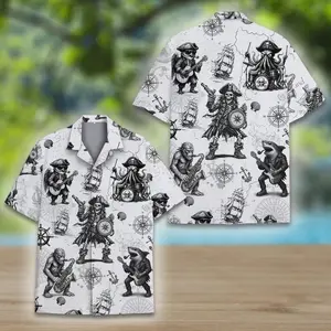 Pirate Hawaiian Shirt Men Women Casual Beach Summer Button Up Short Sleeve Vintage Skull Ship Compass Print Streetwear Vacation Tropical Festival Unisex Top