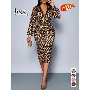 Women's Elegant Leopard Print Dress, Deep V Neck Long Sleeve Bodycon High Waist Split Back Party Dress, Fall Fashion Christmas Women Dress