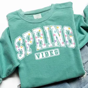 Spring Vibes Sweatshirt, Floral Varsity Spring Sublimation Sweatshirt For Easter, Preppy Spring Graphic, Spring Flower Sweatshirt