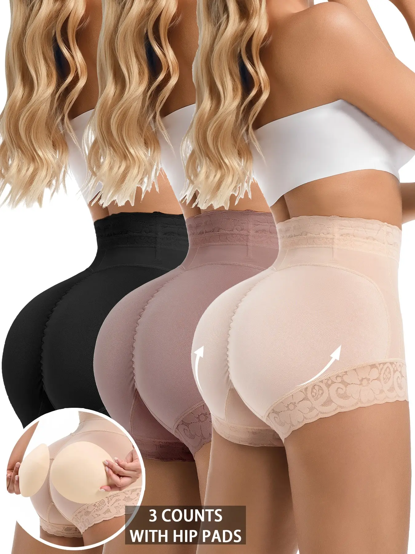 Women's 3 Counts Plain Contrast Lace High Waist Shapewear Shorts with Hip Padding, Casual Tummy Control Butt Lift Shapewear Panties, Ladies Shapewear Bottoms, Underwear, Abdomen Shapewear, Body Shaper Shorts