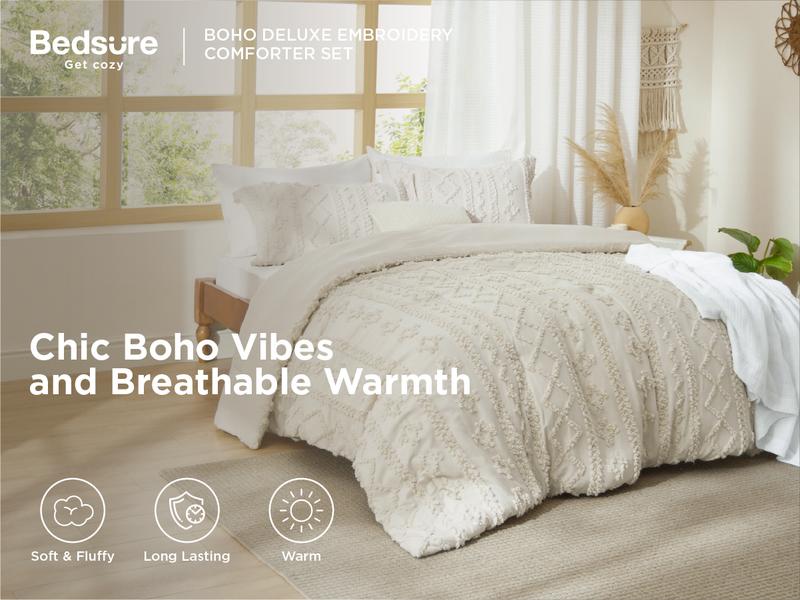 Bedsure Tufted Boho Decorative Bedding Set Comforter Boho Bed Set, Valentine's Day Gifts GentleSoft 3 Pieces Farmhouse Shabby Chic Embroidery Bedding, Soft Jacquard Comforter for All Seasons