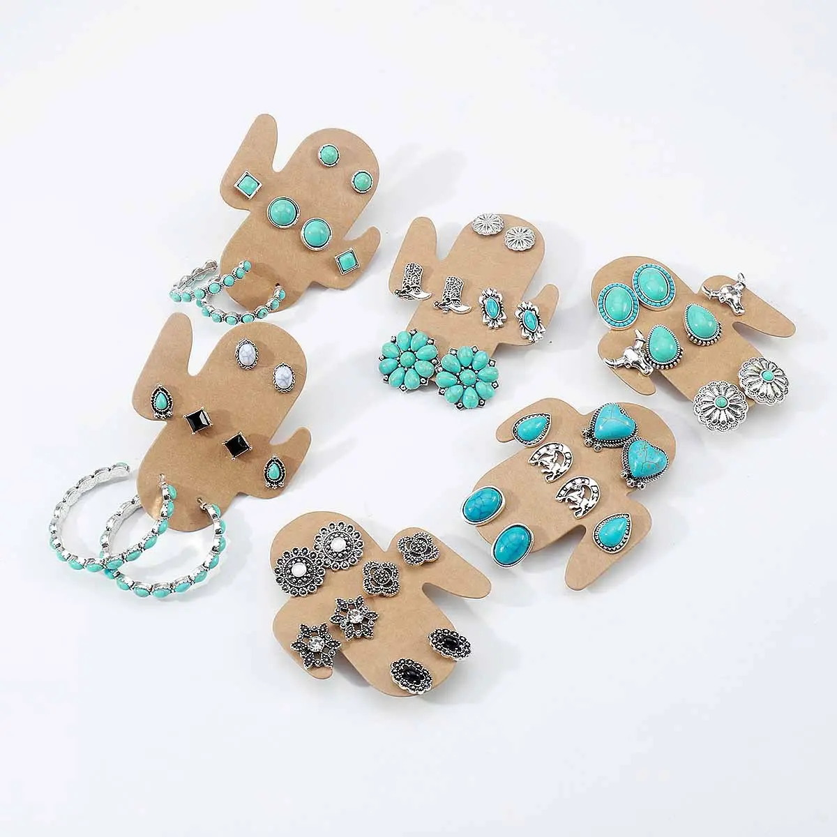 Women's 4-Pair Western Boho Stud Earrings Stack Set - Vintage Antique Silver Faux Turquoise Jewelry with Floral, Heart, Geometric, Animal Motifs - Lightweight Zinc Alloy Pretty Studs for Party Wear Gift