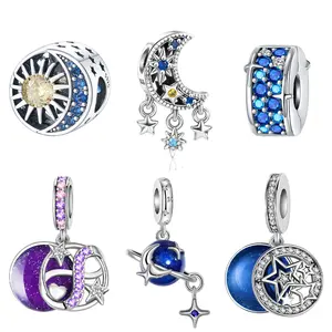 Celestial & Galaxy Themed Silver Charm Collection, Star/Moon/Sun/Planet Designs, Blue/Purple & Enamel Glitter Accents for Bracelets, Cosmic Jewelry & Dreamy Gifts – Silver