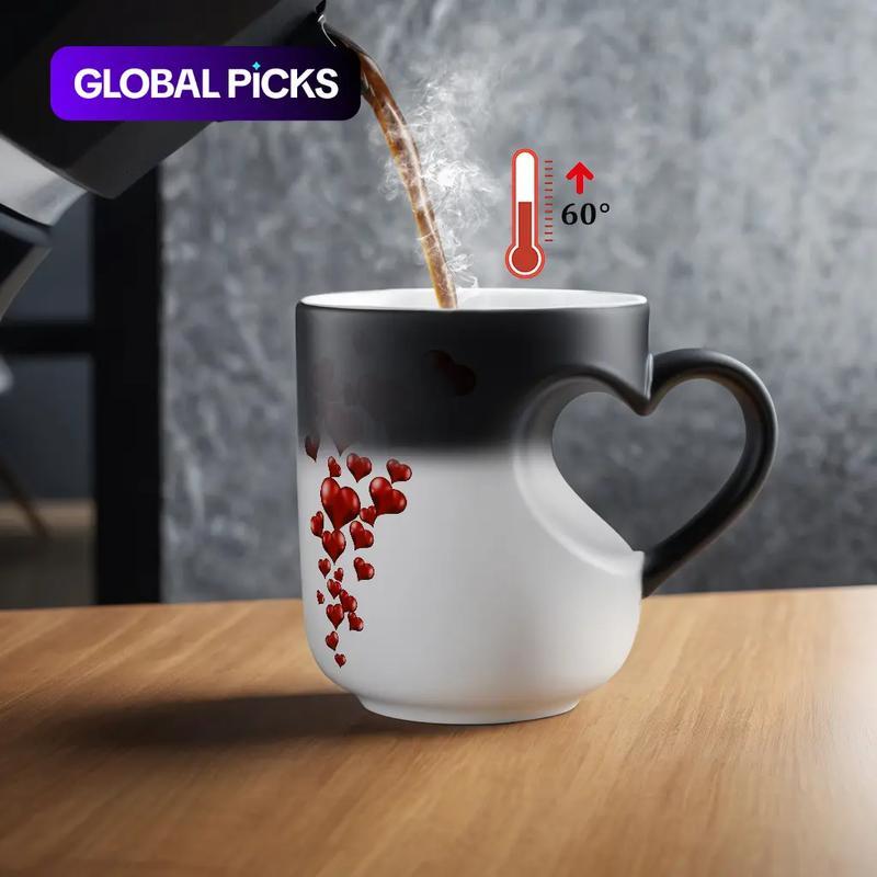 1pc Heart-Shaped Color Changing Ceramic Mug - Hot/Cold Thermochromic Design, Red Heart Pattern, Reusable Coffee Cup for Valentine'S Day, Christmas, Birthdays - Perfect Gift for Holidays & Special Occasions, Coffee Bar Accessories, Festive Drinkware, Roman