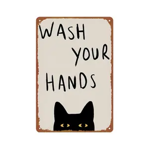 Funny Cat Wash Your Hands Metal Aluminum Tin Signs Retro Wall Decor 8X12 Inch for Living Room Kitchen Farm Bedroom Bathroom Decoration Posters