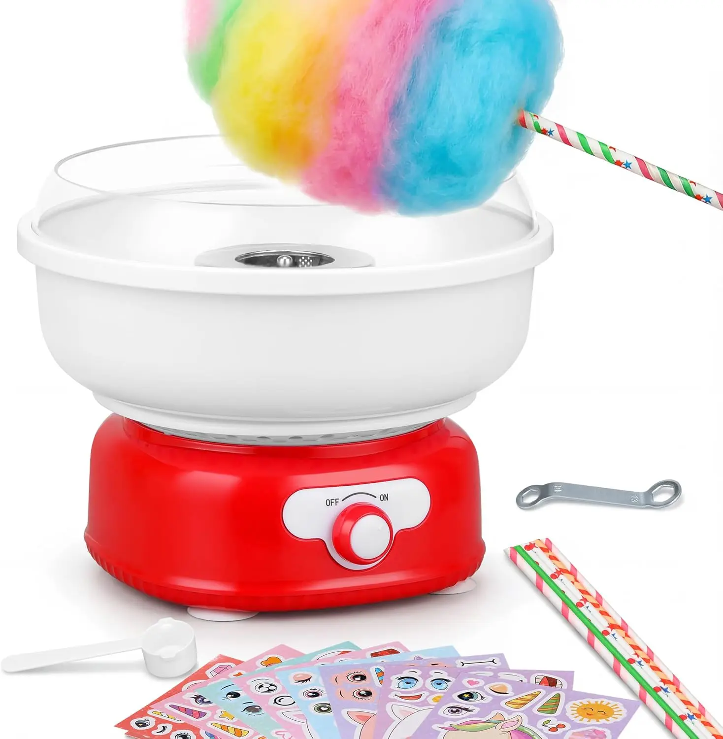 【Back To School】Cotton Candy Machine, 450W Homemade Candy Maker for Kids with Cartoon Stickers, 6 Paper Cones, Sugar Scoop & Detachable Parts, Multi-Sugar Use Kitchen Gadget for Birthday, Party Gatherings Bowl Utensils