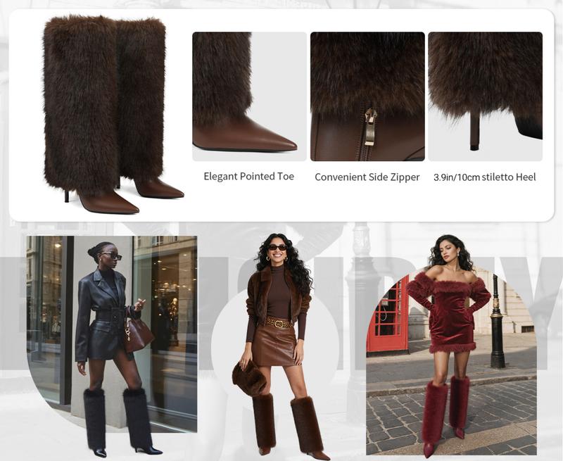 Womens Faux Fur 4 Inch Stiletto Knee High Boots Fold Over Fur Boots Pointed Toe Long Fashion Boots for Fall Winter Party Night Out Daily Wear Outfit Brown Black Red Colors Boots woman