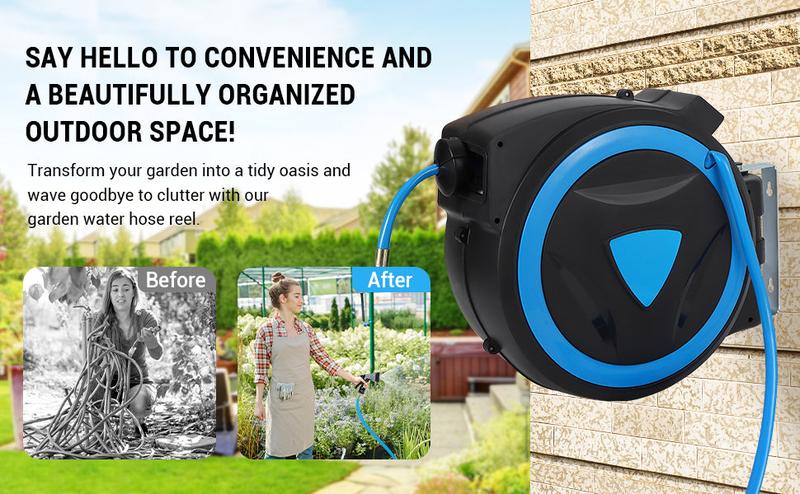 【GARVEE】Retractable Garden Hose Reel available in 65ft, 78ft, and 100ft lengths with 1/2 inch heavy-duty water hose, 9-function sprayer nozzle, slow return system, ideal for courtyards and gardens.