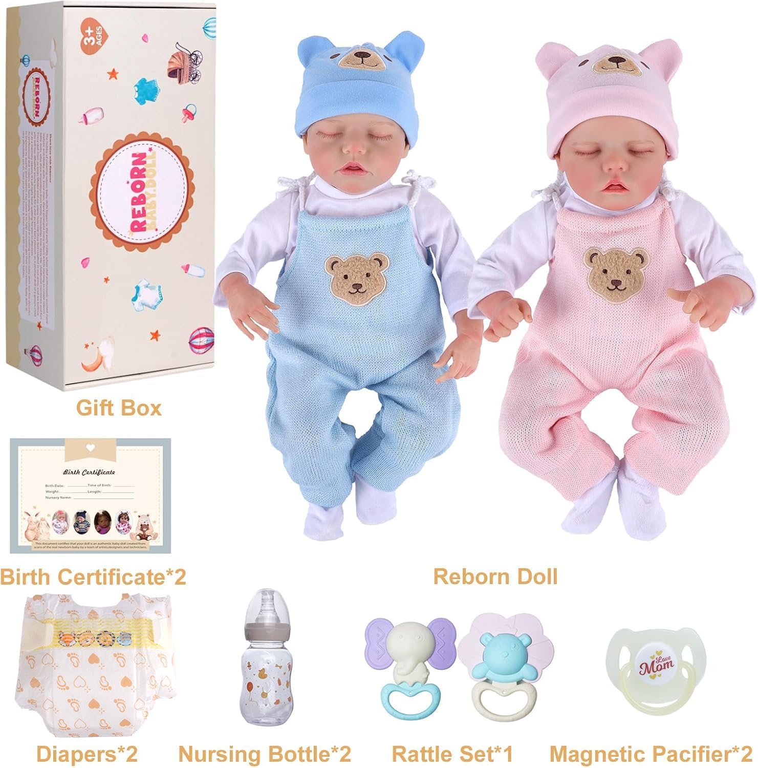 BABESIDE Lifelike Reborn Baby Dolls Twins, 17 /20 inch Soft Vinyl Limb Cloth body Dolls Realistic Newborn Real Life Baby Boy Girl Dolls with Clothes and Pacifier Toy Gift for Kids Age 3+