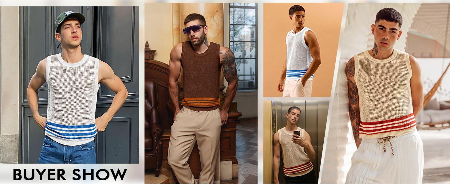 Runcati Mens Sleeveless Tank Tops Knitted Hollow Out Crochet T-Shirts Muscle Summer Beach Color Block Shirts