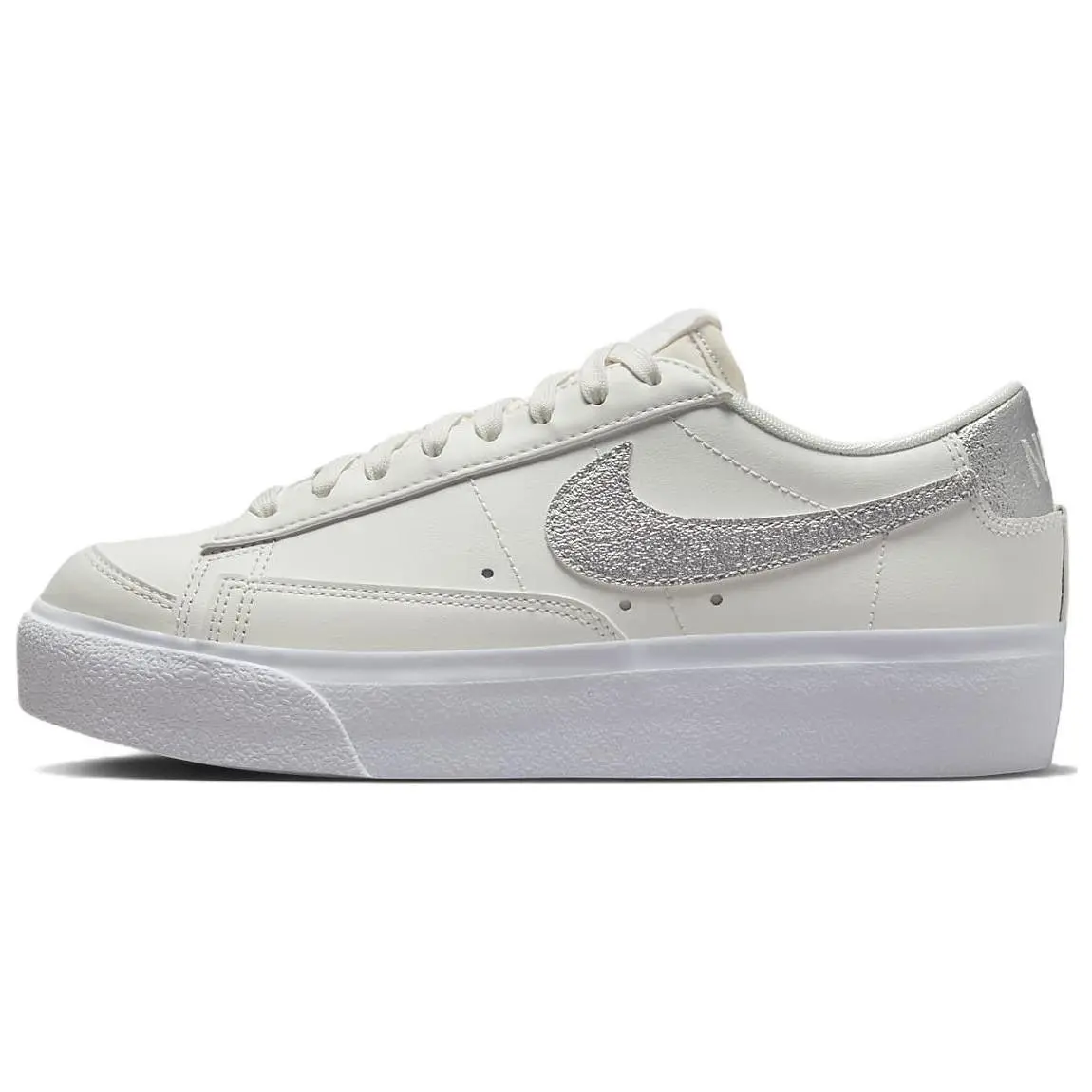 NIKE Women's Blazer Low Platform Leather Sneaker in White & Metallic Silver, Lightweight Design for All-Day Comfort and Street Style