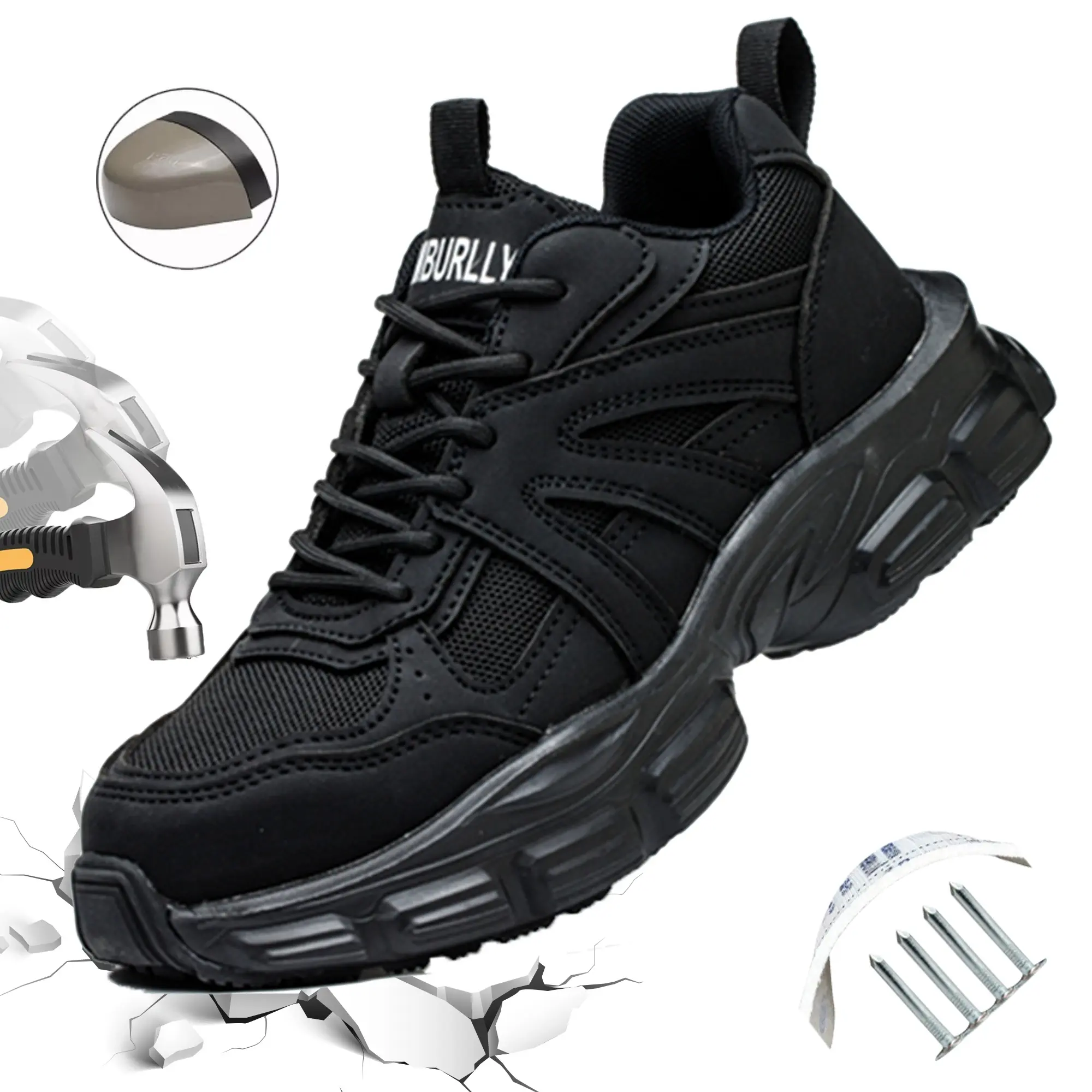 Women's Safety Shoes with Steel Toe and Kevlar Sole Fashionable Pure Black Non-Slip Work Shoes Suitable for Construction Factory Workshop All Seasons