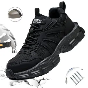 Women's Safety Shoes with Steel Toe and Kevlar Sole Fashionable Pure Black Non-Slip Work Shoes Suitable for Construction Factory Workshop All Seasons