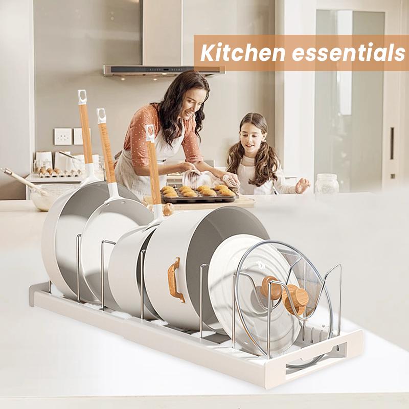 Multi-Functional Telescopic Kitchen Storage Rack - Expandable Kitchenware Storage Rack, Cabinet Cookware Rack, 7 Adjustable Compartments and Pot Cover Brackets, Plate Storage Rack, Cabinet Storage Rack for Pots, Utensils, Lids, and Baking Utensils