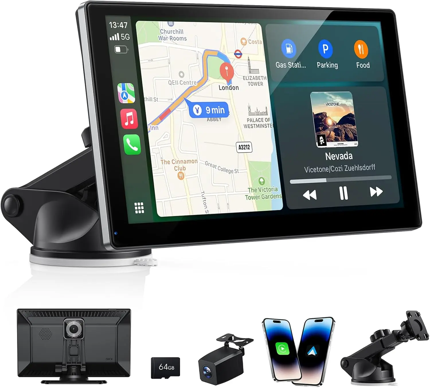 9 inch Wireless Carplay & Android Auto Screen, Portable Car Tablet Smart Screen with Voice Control, Plug & Play Dashcam, GPS Control for Most Vehicles
