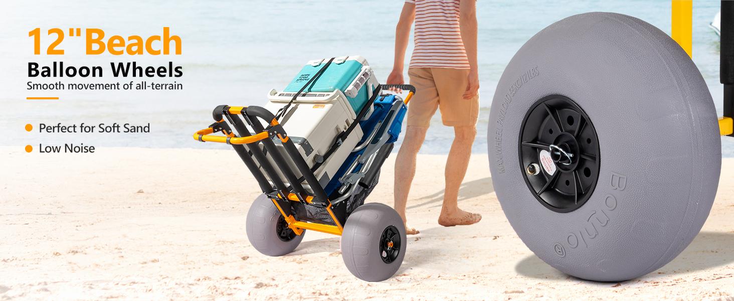 Bonnlo Beach Fishing Cart, Beach Wagon Trolley with 12" Big Balloon Wheels for Sand Foldable Beach Trailer with 23" x 15" Cargo Deck, Fishing Rods Holder, Water Bottle Holder, Mesh Bag, Hand Pump