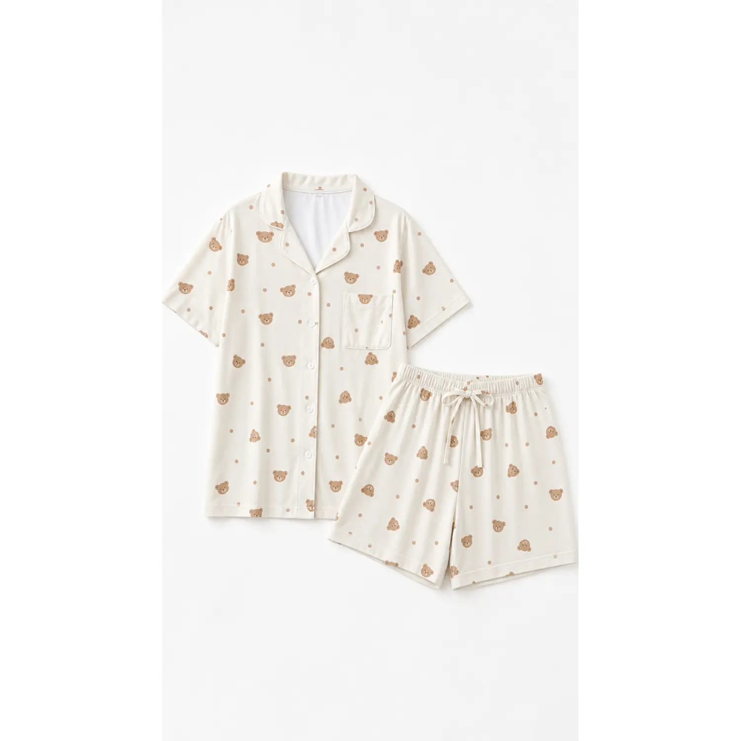 Bear Print Short Sleeve Button Up Pajama Set with Chest Pocket and Drawstring Shorts, Comfortable Two Piece Sleepwear for Nighttime Lounging