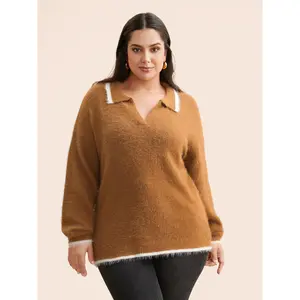 【 Polo collar】 Bloomchic Contrast Trim Polo Neck Fluffy Pullover Fit Womenswear Swimweek