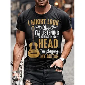 Casual Short Sleeve Men's Guitar Print Crew Neck T-shirt for Outdoor