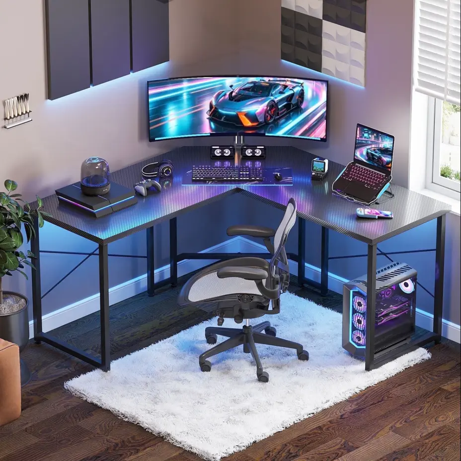 **51-Inch Reversible L-Shaped Computer Desk, Gaming Desk, Home Office Workstation with Carbon Fiber Surface, Black**