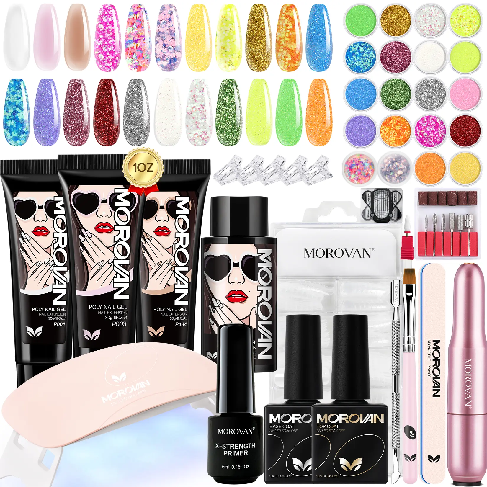 Morovan Poly Gel Nail Kit Set: With Nail Lamp and Drill 20 Glitter Colors Best Gift For Her Complete Poly Gel Nail Kit For Beginners With Everything Professional Poly Extension Gel Nail Kit For Salon Quality
