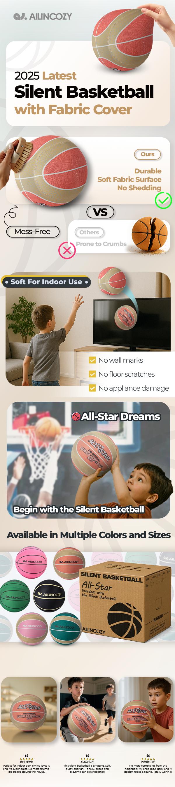 Silent Indoor Basketball, Colorful Fabric-Covered, No Inflation Needed, Noise-Free, Not Vacuum Compressed, Safe for All Ages, Ideal for Home & Hooper Training