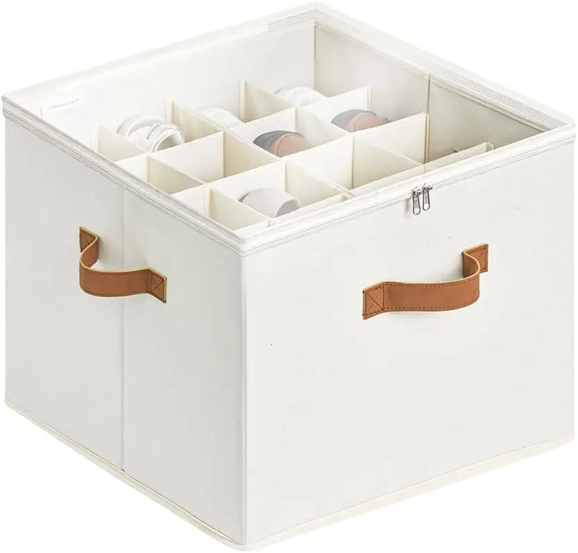 16 Grids Fabric Sock Drawer Organizer Box with Clear Lid, Foldable Divided Underwear Storage Bin with Reinforced Handles, Closet Cabinet Clothes Accessories Storage Container