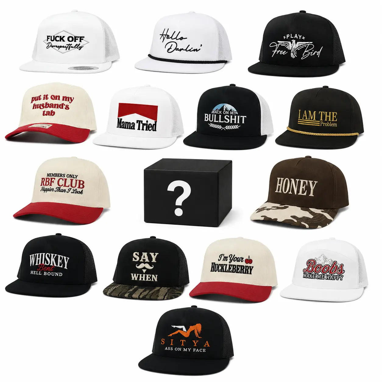 Classic One Hat Sent, F Off Disrespectfull, Honey, Boobs Make Me Happy, Sityaaass on My Face, Put it on My Husband's Tab, Mama Tried, Say When Funny Hat Gift For Friends