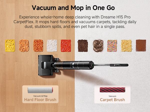 DREAME H15 Pro CarpetFlex Elite Cordless Vacuum Mop, Wet Dry Vacuum Cleaner with Dual Brushes for Hard Floors & Carpet, Tangle-Free Hair-Cutting, 23kPa Suction, 180° Lie-Flat Floor Washer, 194°F Fast Drying