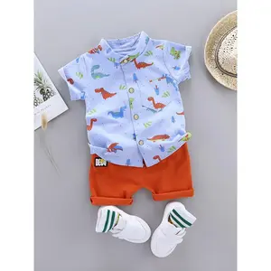 2pcs Baby Boys Dinosaur Print Button Short Sleeve Shirt Top & Elastic Waist Shorts Set Toddler Summer Clothes For Daily & Outdoor Wear