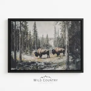 [UNFRAMED] Winter Bison Forest Landscape, Moody Western Wildlife Artwork, Rustic Cabin Lodge Wall Art Print, Gift for Bison Lover