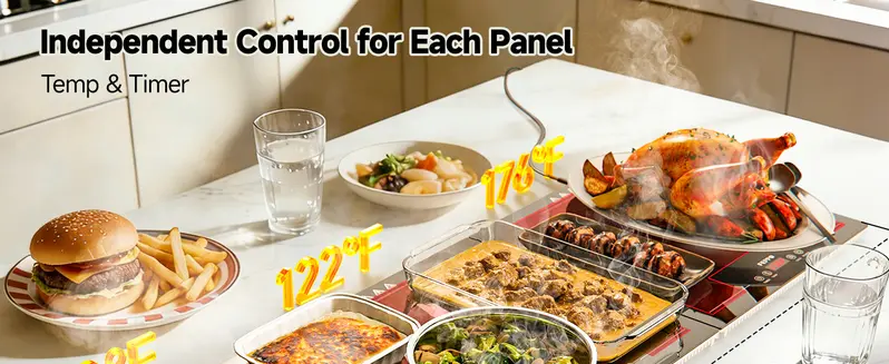 FEPPO 2026 Electric Food Warming Tray - 47"x15" Rectangular Kitchen Appliance with Independent Temp-Timer Control, 10 Heat Levels, Tempered Glass, Child Lock, Modern Design for Family Meals, Parties