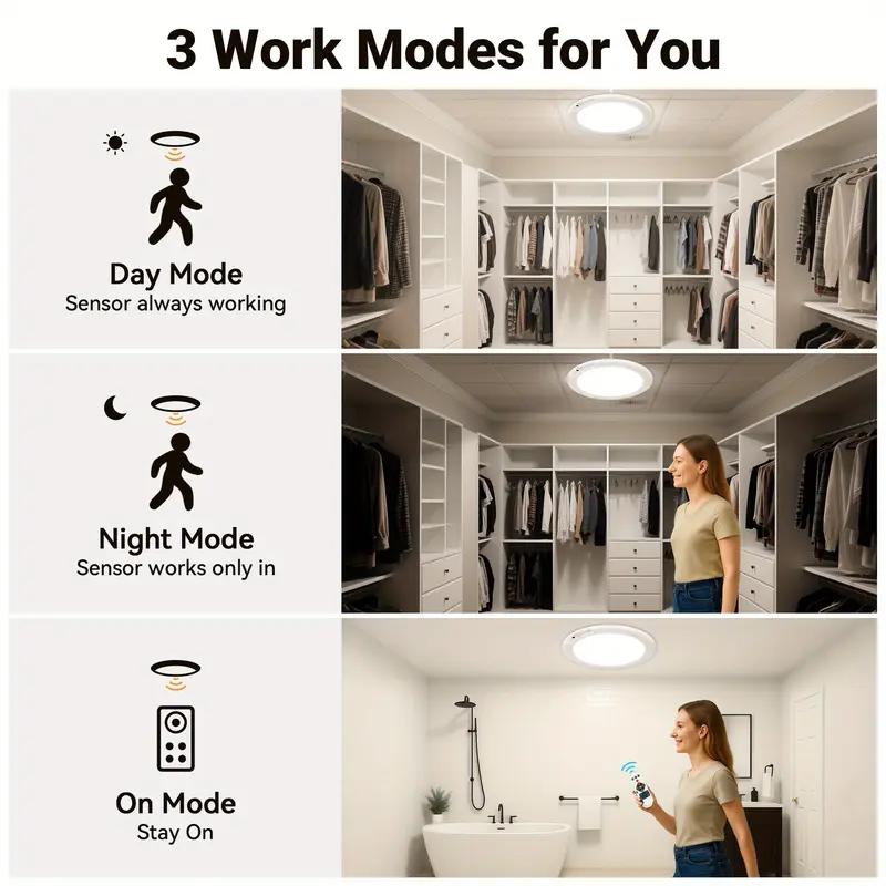 【1/2/3 PACK Rechargeable Motion Sensor Ceiling Light with 3 Lighting Options】USB Charging, Magnetic Installation, Dimmable LED Overhead Light, Plug-Free Remote Control Lighting for Closet, Pantry, Hallway, Shower, Garage night light