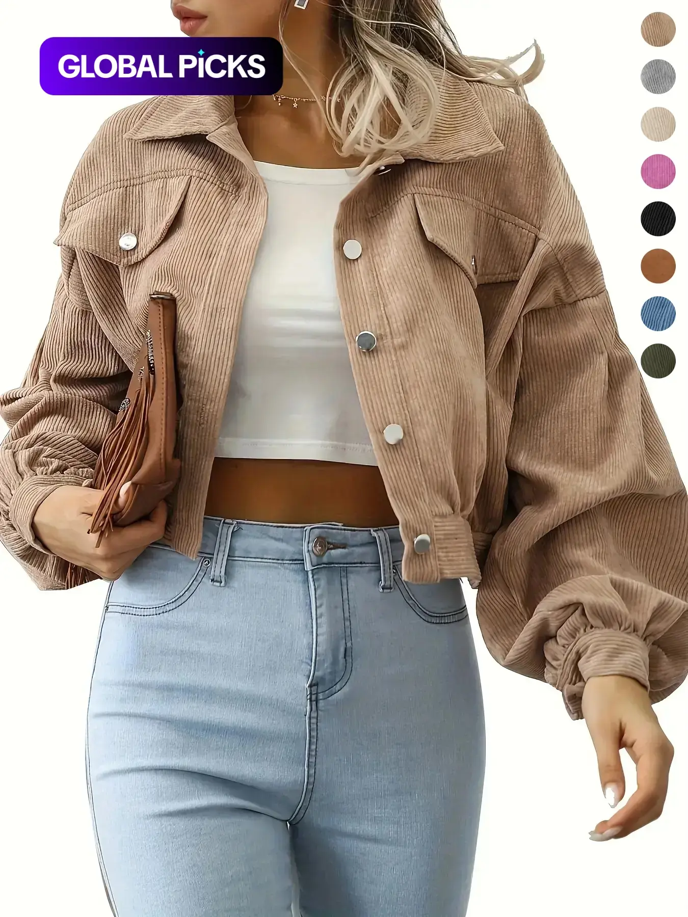 Women's Fashion Four-Season New Jacket, Loose Fit Slimming Casual Notch Lapel Velvet Lantern Sleeve Short Coat, Ladies' Stylish Outerwear