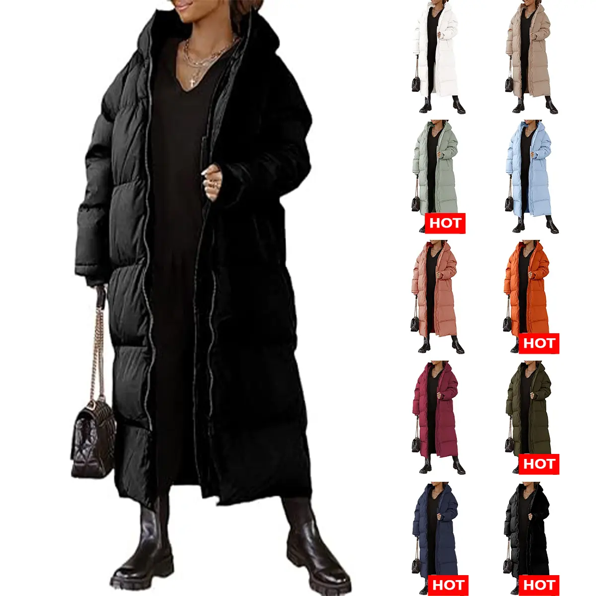 TANKANEO Women's Ribbed Padded Long Quilted Puffer Coat - Hooded, Long-Sleeved, Casual Maxi Winter Outerwear with Zipper Pockets