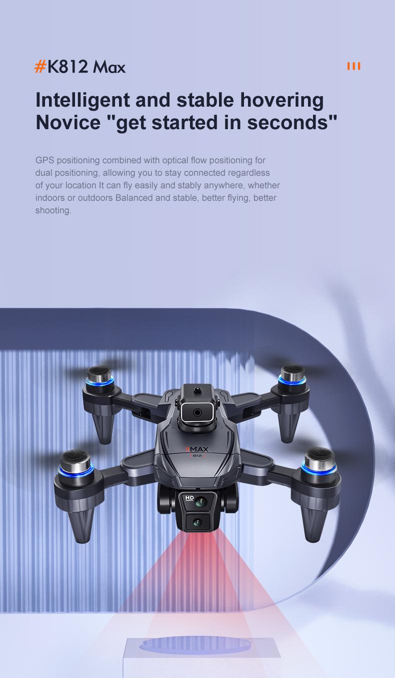 CJC K812 MAX Drone with GPS Intelligent Return-to-Home Function Brushless Motors Dual Cameras Obstacle Avoidance Dual Batteries Remote Control with Screen Wi-Fi/5G Transmission for Adults and Beginners stable hover