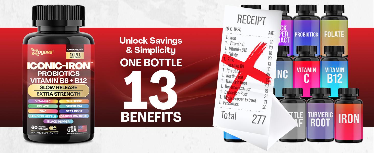 Zoyava Iconic-Iron Supplement - Women's Menstrual Cycle Support - with Iron, Probiotics, Vitamin B6 + B12 & 10+ Extra Strength Ingredients - 60 Capsules - Made in USA Zoyava Iconic-Iron Supplement - Women's Menstrual Cycle Support - with Iron, Probiotics, Vitamin B6 + B12 & 10+ Extra Strength Ingredients - 60 Capsules - Made in USA