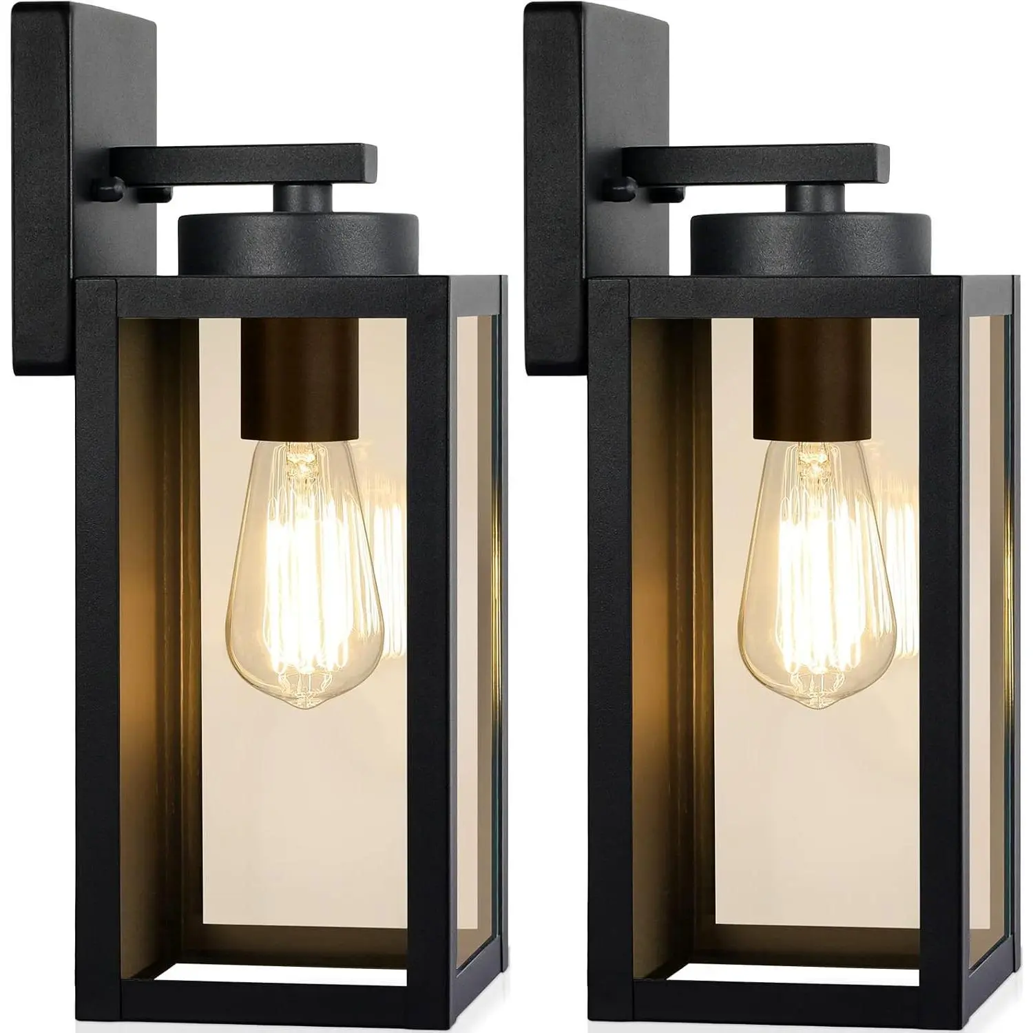 MATULSA 2-Pack Outdoor Wall Light Fixtures, Waterproof Exterior Lighted Lanterns, Wall-Mounted Porch Sconces with E26 Sockets & Glass Shades, Modern Matte Black Lamps for Patio, Front Door, Lighted Lantern