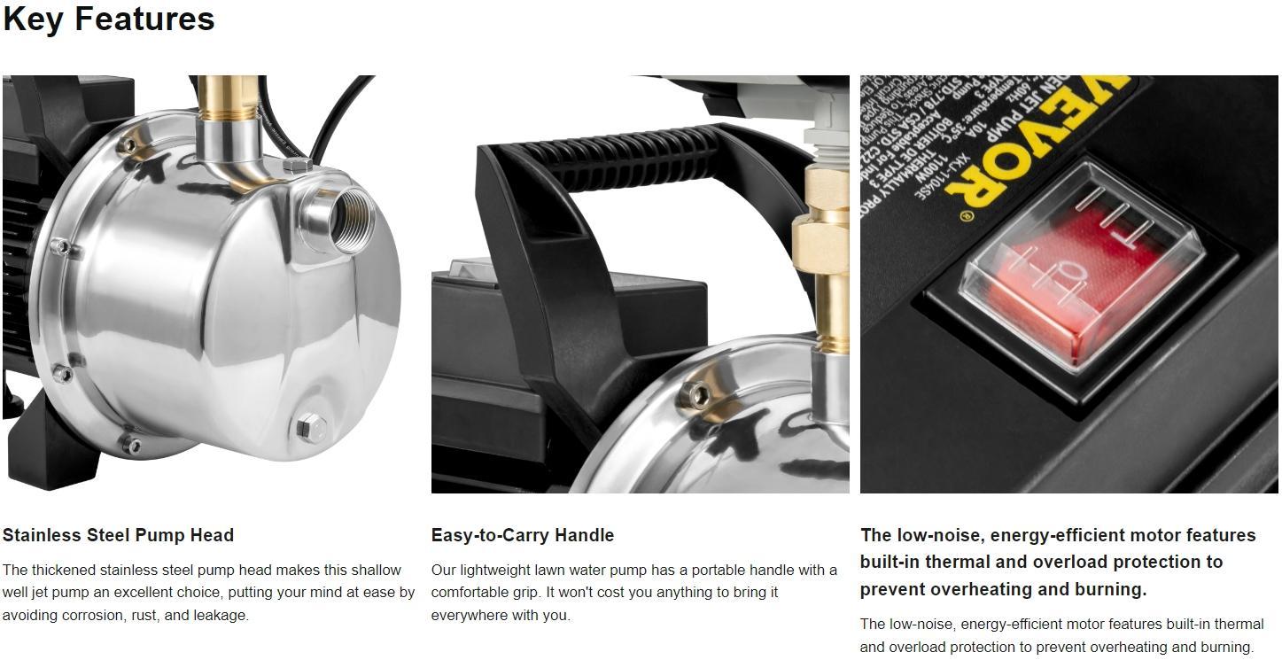 VEVOR Shallow Well Pump with Automatic Controller, TikTokShopBlackFriday, 1HP 115V, 1200 GPH 164 ft Head, Max 87 psi, Portable Stainless Steel Sprinkler Booster Jet Pumps for Garden Lawn Irrigation system, Water Transfer