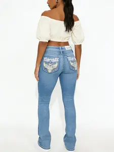 Women's mid-low-rise loose jeans - highly elastic, exquisite embroidery on the pockets, mini trumpet silhouette, distressed effect, simple and versatile, with the effect of slimming the waist and fitting the body curves.