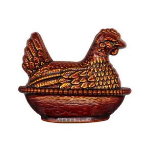 Antique Chicken Dish Pin - Amber, 1.25 Inches, Anodized Copper Dyed 3D Mold, Two Rubber Clutches