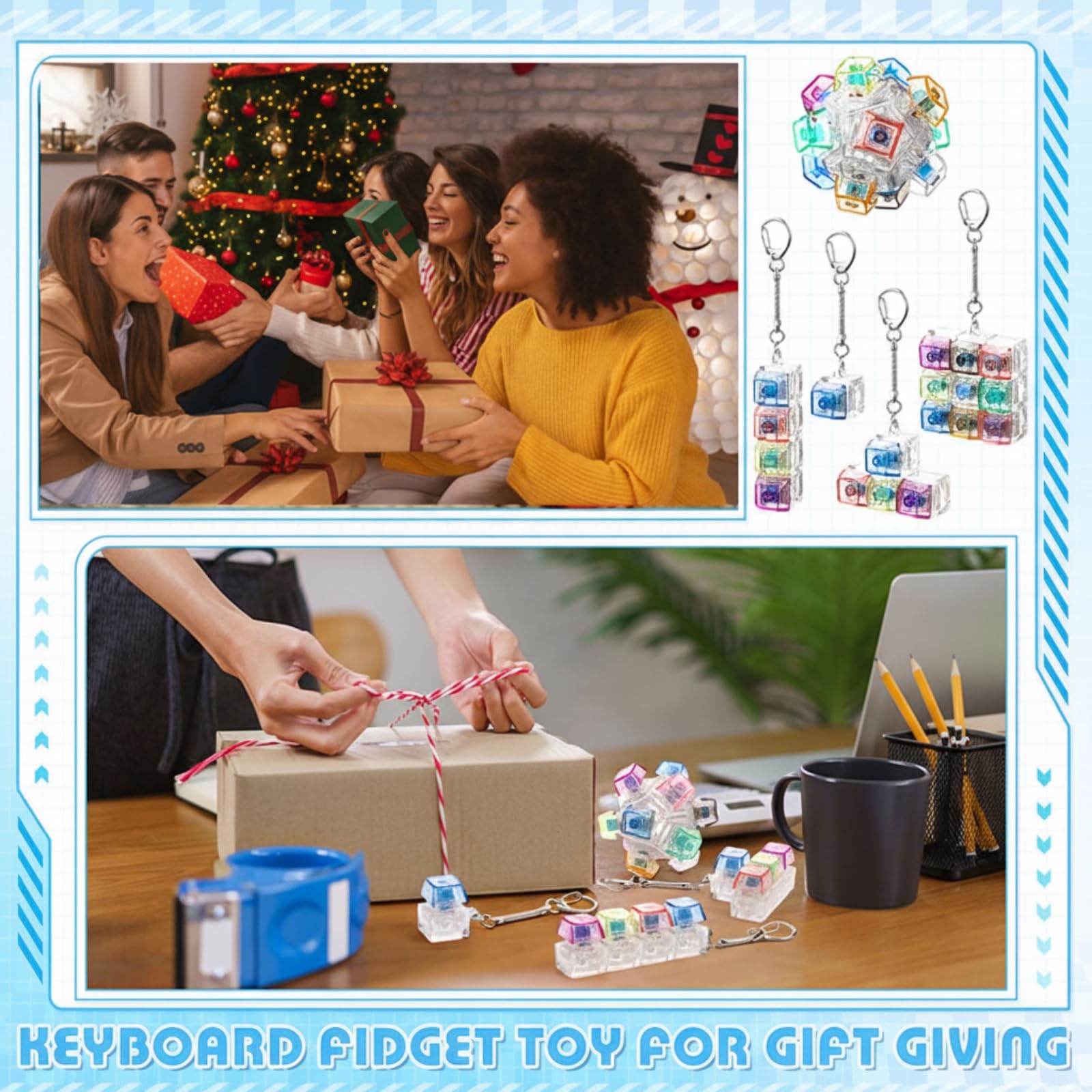 4/5 Pcs Keyboard Fidget, 4-In-1Decompression Button Keychain, Stress Relief Finger Clicker in 5 Styles, Valentines Galentines Gift for Office School Home to Pass The Time, Galentine Party Favor Valentine Basket Filler