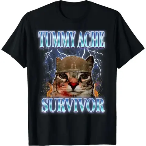 Humorous Tummy Ache Survivor Cat Meme Graphic T-Shirt for Adults Kids Boys Featuring Funny Vintage Style Short Sleeve Top Perfect for Casualwear Vacation Outfits