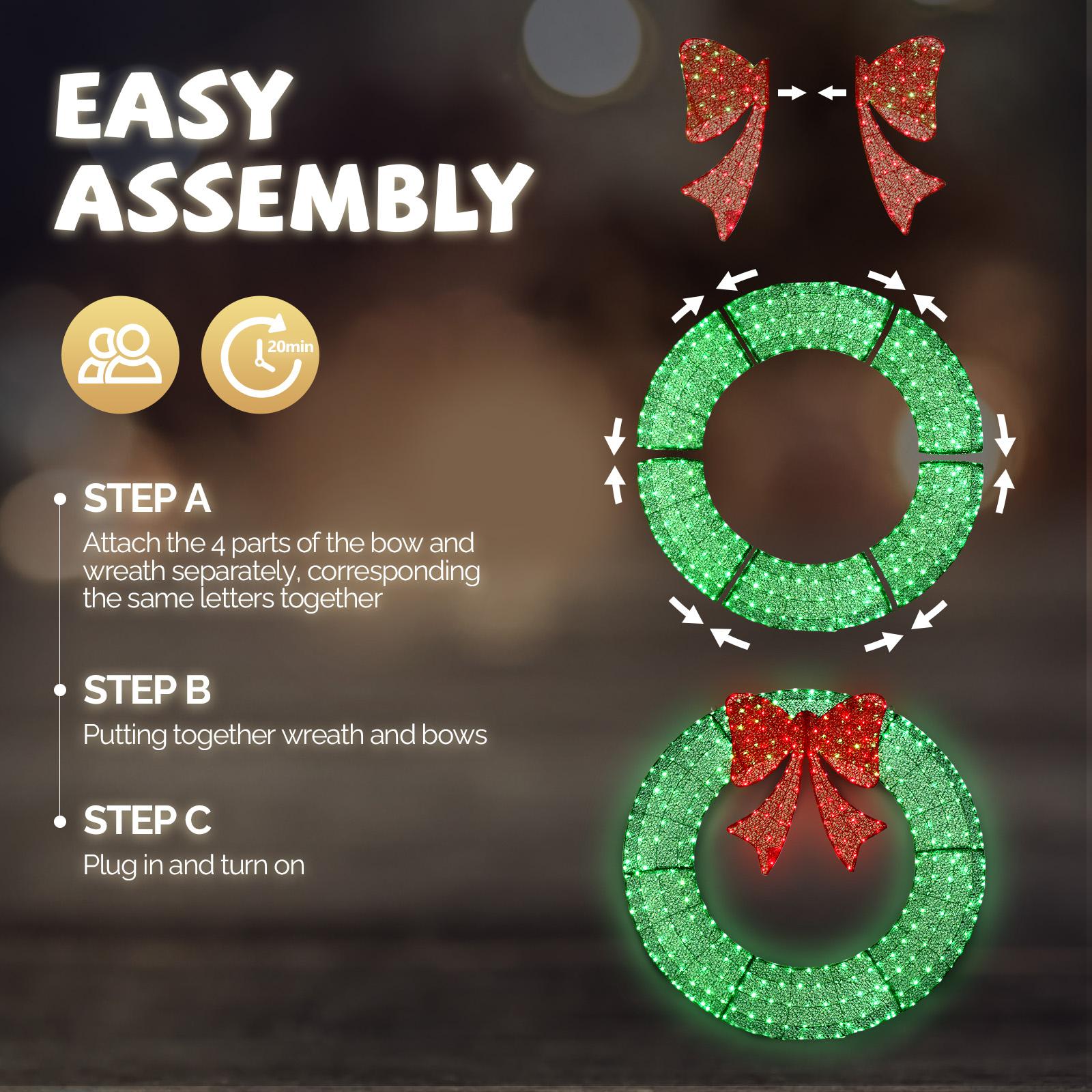 60in Pre-Lit Outdoor Christmas Wreath Decoration with 400 Warm White LED Lights Timer Remote Control Green Red Bow for Home Exterior Garden