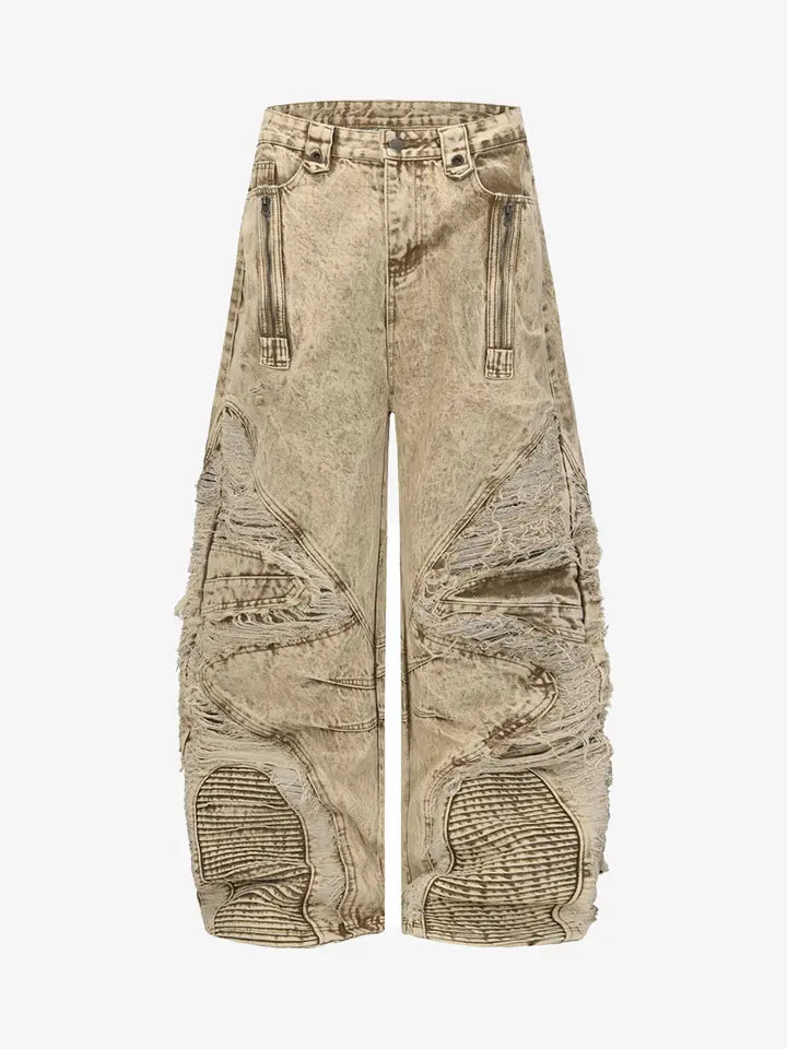 Thesupermade Men's High-Waist Distressed Raw-Edge Panel Sculpted Wide-Leg Denim Jeans - Ribbed Hem, Zipper, Fabric Drape, Pockets, Streetwear Menswear
