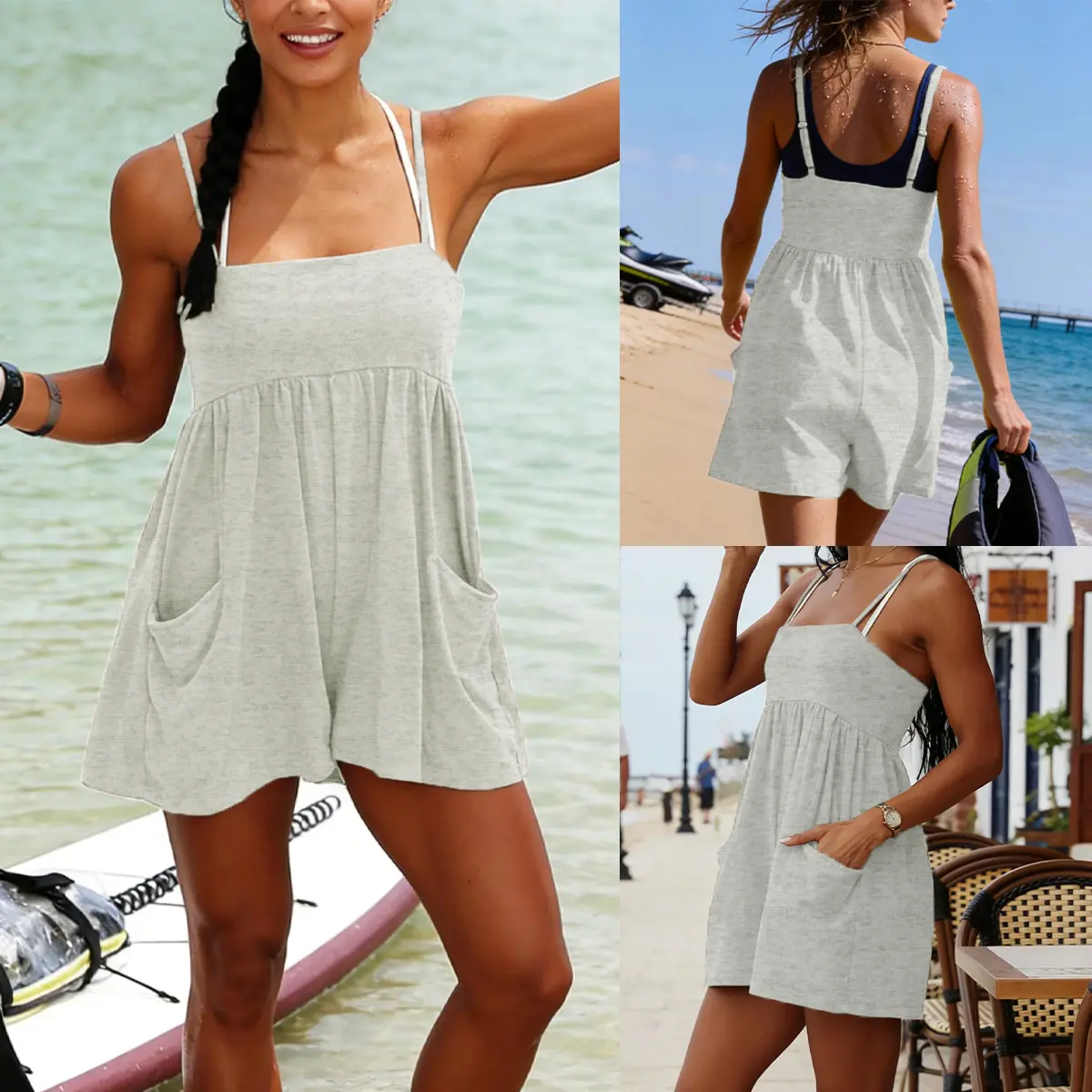 Mibbory Women's 95% Cotton Strappy Romper Oversized 2026 Summer Casual Athletic One‑Piece Spaghetti Strap, Side Pockets  Sleeveless Overall Y2K Vacation Outfit