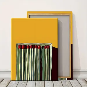 1pc with frame -Matchbox art yellow background canvas Theme Canvas Wall Art Framed Painting Clearance Sale, 2D Flat, Suitable for Halloween, Christmas, Winter and Summer, Luxury Indoor Decoration for Him/Her, Bedroom, Living Room, Bathroom, Home Of