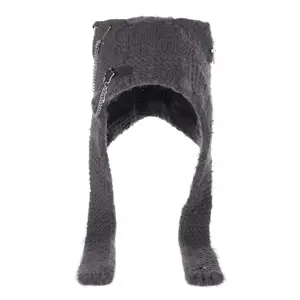 Gothic Harajuku Knit Hat – Y2K Punk Winter Beanie with Faux Fur Trim & Chain Detail