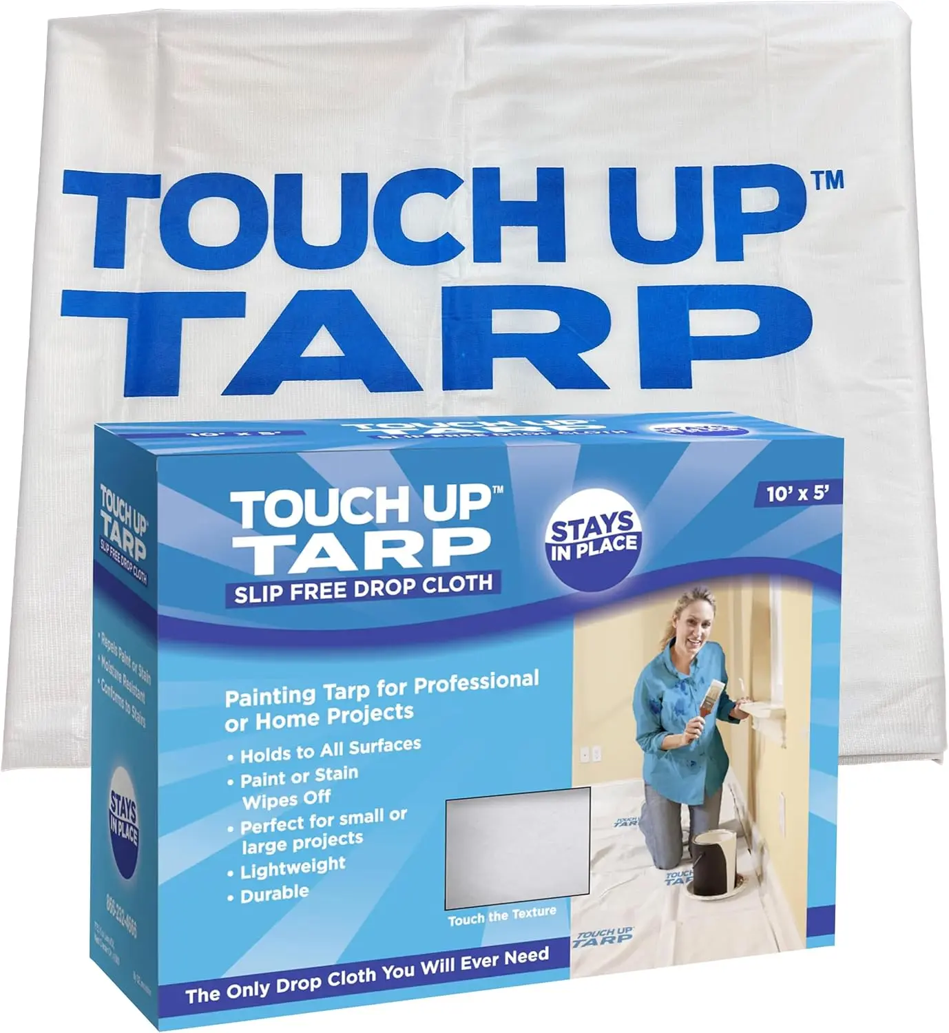 As Seen On Shark Tank Products- Touch Up Fabric Tarp Painters Drop Cloth for Painting, Heavy Duty, Lightweight, Reusable, Thick Coated Wall, Floor, Furniture Covering, 10’ x 5’